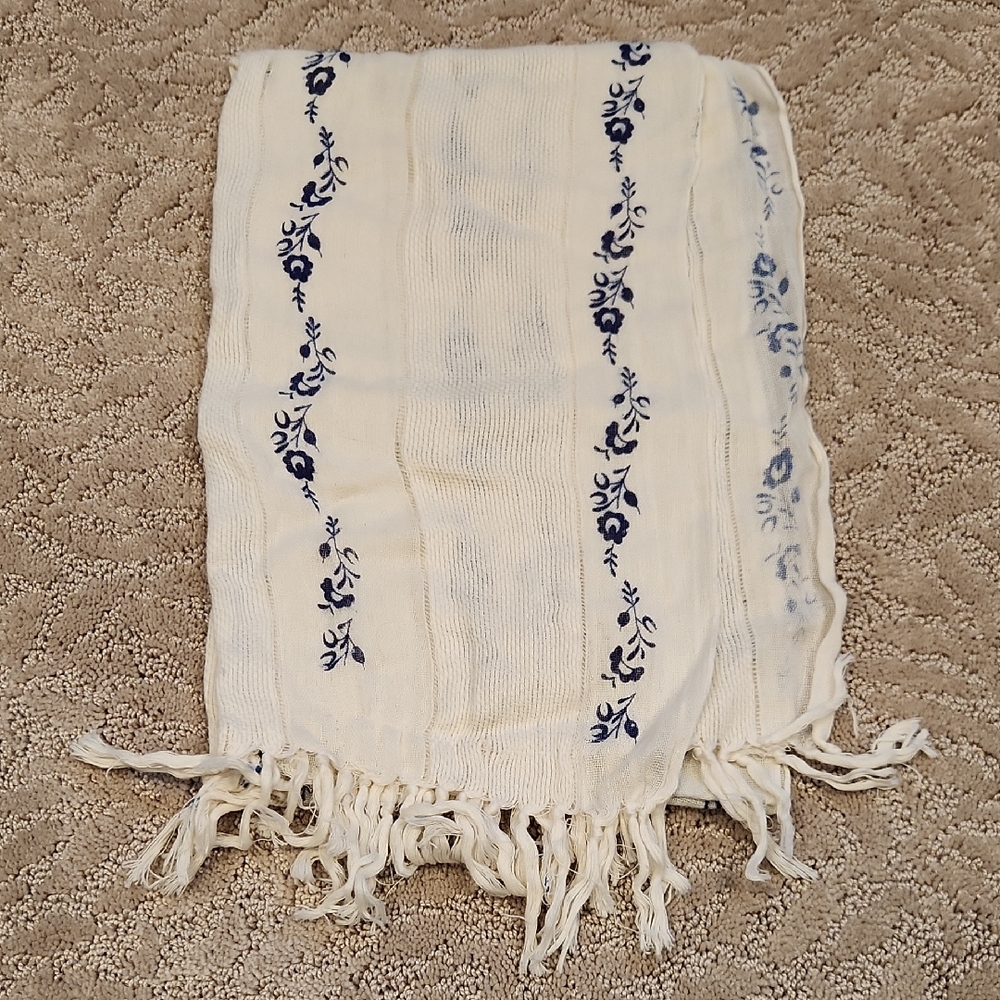 Cream and Blue Floral Scarf with Fringe